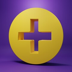 Obraz premium Yellow Cross hospital medical icon isolated on purple background. First aid. Diagnostics symbol. Medicine and pharmacy sign. Minimalism concept. 3D render illustration
