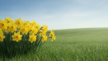Yellow daffodil flowers bloom across a lush green grass field under a soft blue sky, symbolizing springtime renewal and natural beauty in a serene landscape