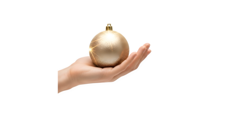 Golden Christmas Ornament in Hand, isolated on transparent background