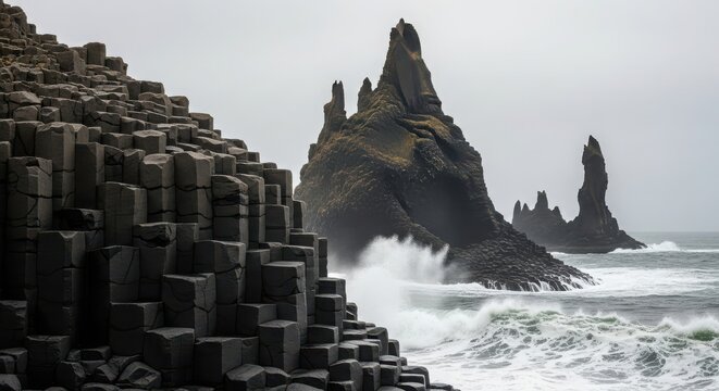 Basalt column and sea stack in reynisfjara, iceland, showcasing the rugged beauty of nature and geological formations