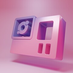 Purple-pink Action extreme camera icon isolated on pink background. Video camera equipment for filming extreme sports. Minimalism concept. 3D render illustration