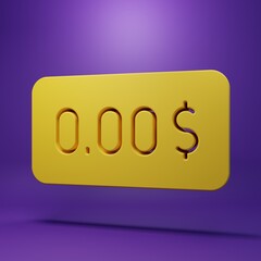 Yellow Zero cost icon isolated on purple background. Empty bank account. Minimalism concept. 3D render illustration