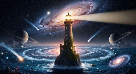 A fantastical lighthouse stands in a cosmic ocean, its light beaming across a sky filled with galaxies, planets, and comets.
