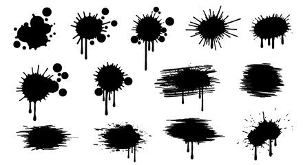 Collection of black ink splatter stains with drips and blots in varying shapes and sizes on a white.