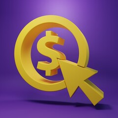 Yellow Coin money with dollar symbol icon isolated on purple background. Banking currency sign. Cash symbol. Minimalism concept. 3D render illustration