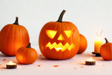 Jack o lanterns and candles illuminate a spooky halloween scene