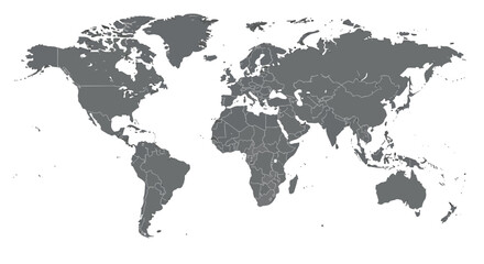 A grayscale world map shows the continents and countries of the planet Earth on a white surface.