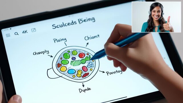 Illustrator Draws on Tablet Device During Video Call Meeting Online