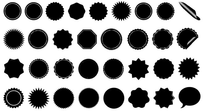 A collection of black circular starburst shapes and stickers are displayed on a white plane, showing.