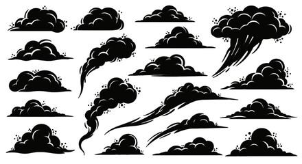 Collection of black smoke clouds isolated on a, suitable for various graphic applications.