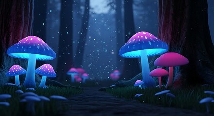 Glowing mushrooms in a dark, enchanted forest with a magical atmosphere.