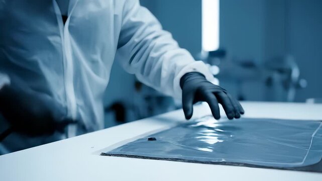 Skilled technician in protective gear meticulously applies resin to a composite material, showcasing the intricate layering process in a controlled environment with advanced tools