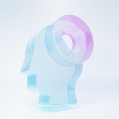 Frosted glass Human head with heart icon isolated on white background. Love concept with human head. Minimalism concept. 3D render illustration