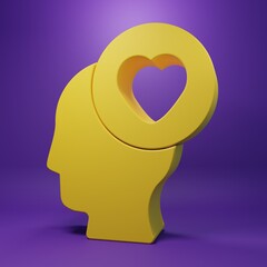 Yellow Human head with heart icon isolated on purple background. Love concept with human head. Minimalism concept. 3D render illustration