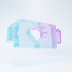 Frosted glass Two coffee cup and heart icon isolated on white background. Couple coffee for lovers on Valentines Day. Minimalism concept. 3D render illustration