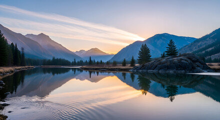 Serene Mountain Reflection at Sunrise: A Majestic Landscape of Tranquility