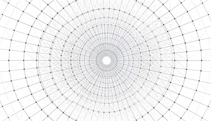 A radial grid of lines and dots creates an abstract tunnel shape on a bright, clean white background
