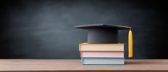 Graduation Cap on Stack of Books Against Dark Textured Background with Wooden Table