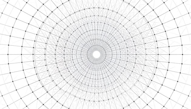 A radial grid of lines and dots creates an abstract tunnel shape on a bright, clean white background