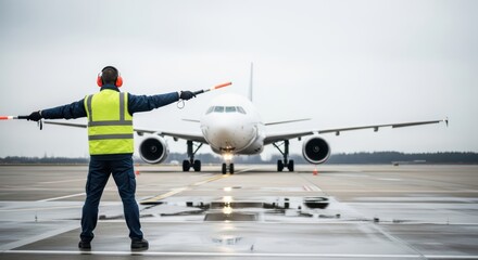 Ground crew directing aircraft on wet runway at overcast airport