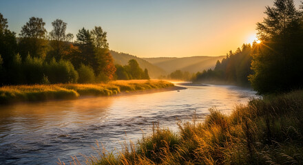 Idyllic River Landscape at Dawn with Golden Light and Mist Rising