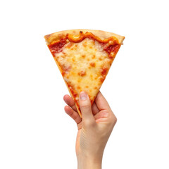 Hand holding a delicious slice of cheese pizza with melted mozzarella and tomato sauce, studio shot isolated on white background