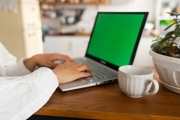 Young woman working at home, using laptop computer with blank green screen display mockup. Asian woman looking at laptop screen in kitchen.