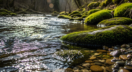 Sunlight reflecting in small river flowing through mossy rocks of wild nature