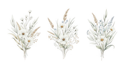 Three watercolor bouquets of dried flowers and pampas grass, isolated on transparent background