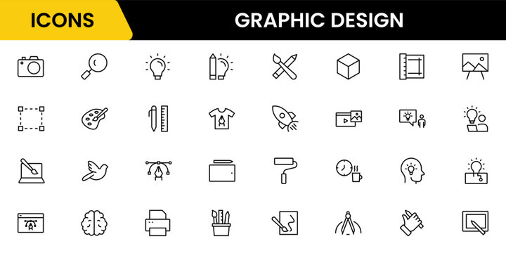 Graphic design web icons set in duotone outline stroke design. Pack pictograms with color palette, content, freelance, print, painting, brainstorm, portfolio, creative idea, tool. Vector illustration. - Powered by Adobe