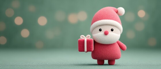 Fototapeta premium Cute Santa Claus Character Holding Gift Box Green Background Soft Bokeh Lights Soft Focus