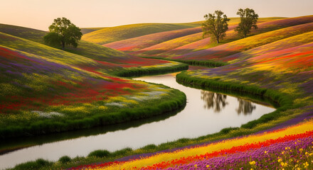 Serene tapestry of wildflower fields and reflective water, painting of tranquil nature