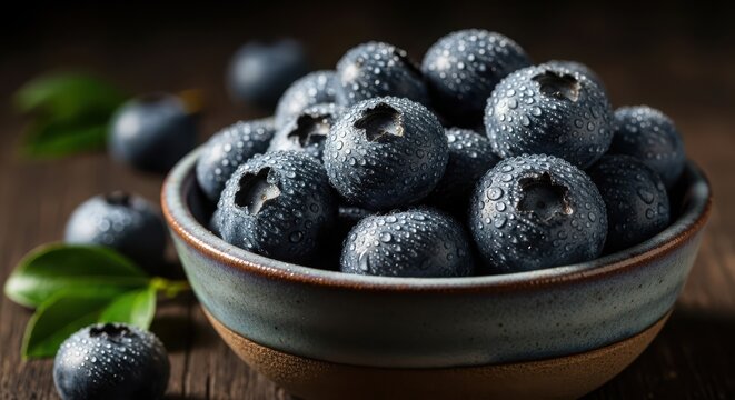 Fresh blueberries in a ceramic bowl on a wooden table, covered in water droplets, with a dark background - Powered by Adobe
