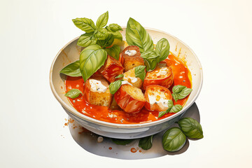 gazpacho soup with tomato, basil, and toast for fresh Mediterranean cuisine concept vector illustration on white isolated background