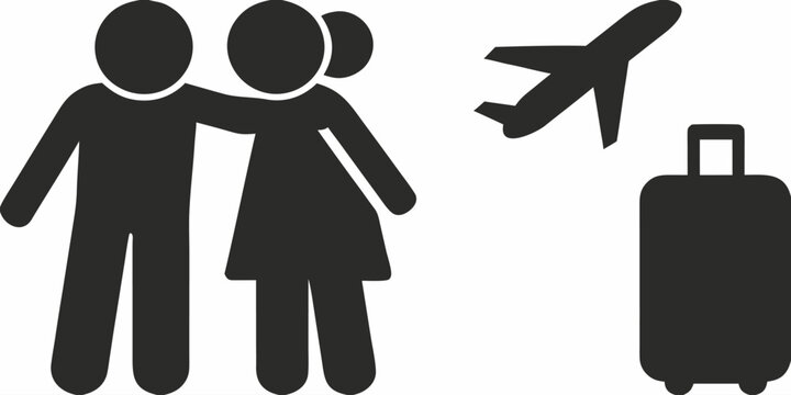 Excited couple embraces before vacation flight with luggage, conveying travel, love, and adventure for tourism ads or honeymoon promotions - Powered by Adobe