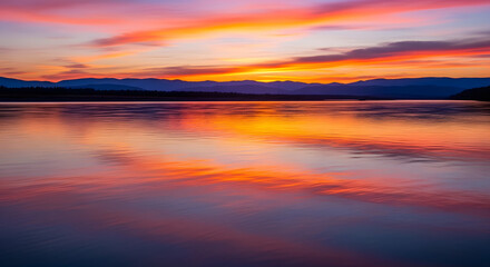 Vibrant hues reflecting on serene lake during twilight creating tranquil scene