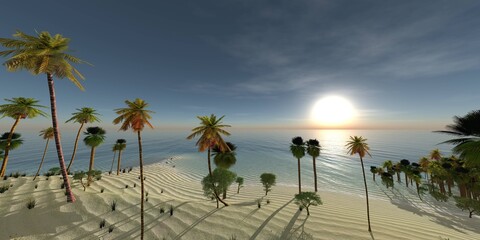 Beautiful beach with palm trees at sunset, panorama of a tropical landscape, sea sunset,
3d rendering