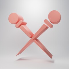 Pink Knitting needles icon isolated on pink background. Label for hand made, knitting or tailor shop. Minimalism concept. 3D render illustration