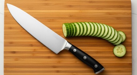 Overhead shot of a chefs knife on a wooden cutting board next to a sliced cucumber, showcasing culinary preparation and fresh ingredients