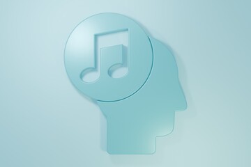 Blue Musical note in human head icon isolated on blue background. Minimalism concept. 3D render illustration