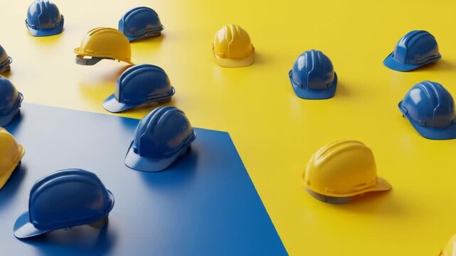 Numerous blue and yellow hard hats scattered across a split blue and yellow surface