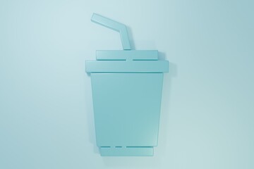 Blue Paper glass with drinking straw and water icon isolated on blue background. Soda drink glass. Fresh cold beverage symbol. Minimalism concept. 3D render illustration
