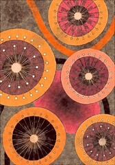 A pattern of circles with different colors and sizes, some with white dots around the perimeter.