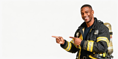 African adult male firefighter smiling and pointing in uniform on white background. fire safety awareness and heroic professions highlight.
