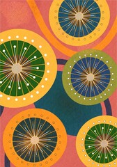 A pattern of circles with different colors and sizes, some with white dots around the perimeter.