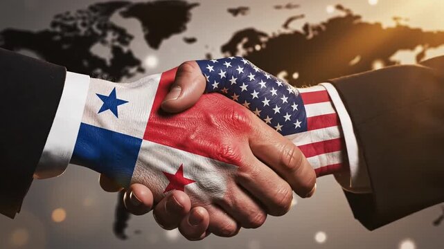 Powerful handshake between the flags of Panama and the United States, embodying ""international cooperation"" and signifying strong diplomatic relations