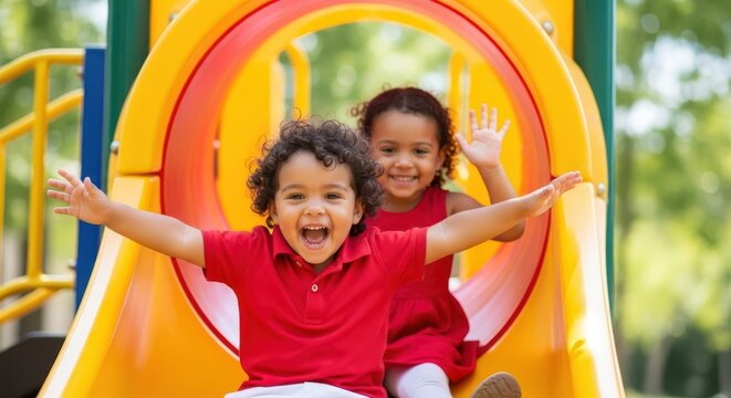 Joyful Mixed Race Brother and Sister Playing on a Bright Yellow Slide. Happy Kids Laughing and Waving Arms on the Playground.