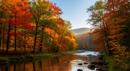 Tranquil river winding through vibrant autumn foliage in a serene setting
