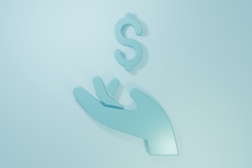 Blue Hand holding coin money icon isolated on blue background. Dollar or USD symbol. Cash Banking currency sign. Minimalism concept. 3D render illustration