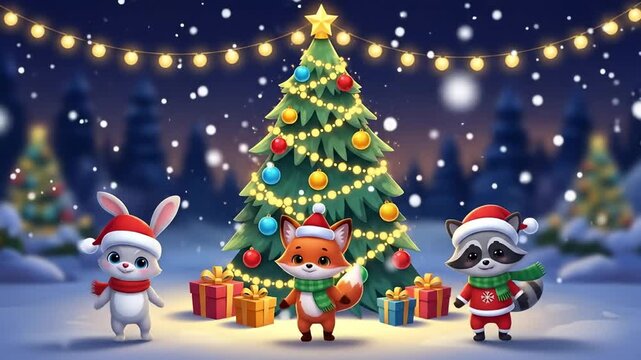 Three cute animated animals dancing around Christmas tree with gifts and lights. Festive winter holiday celebration. Christmas video